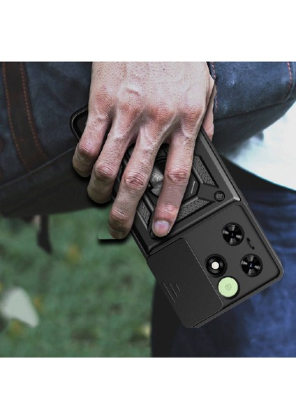 Tecno Spark Go 2024 Kılıf Mıknatıslı Araç Tutucu Yüzük ve Kapaklı Lens Korumalı Sürgülü Tank Kılıf