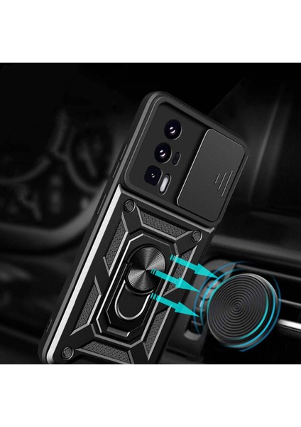 Xiaomi Poco F5 Pro Kılıf Mıknatıslı Araç Tutucu Yüzük ve Kapaklı Lens Korumalı Sürgülü Tank Kılıf modelleri