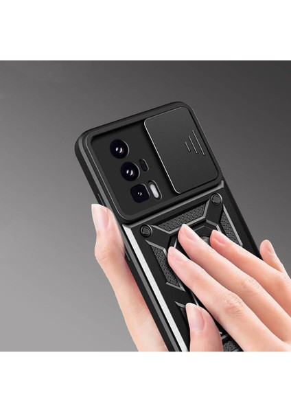 Xiaomi Poco F5 Pro Kılıf Mıknatıslı Araç Tutucu Yüzük ve Kapaklı Lens Korumalı Sürgülü Tank Kılıf fırsatları