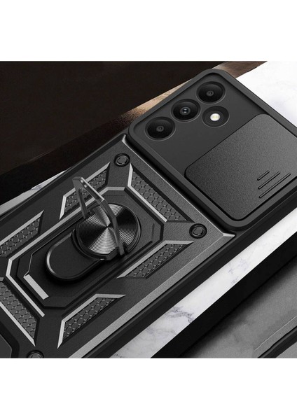 Samsung Galaxy A15 Kılıf Mıknatıslı Araç Tutucu Yüzük ve Kapaklı Lens Korumalı Sürgülü Tank Kılıf