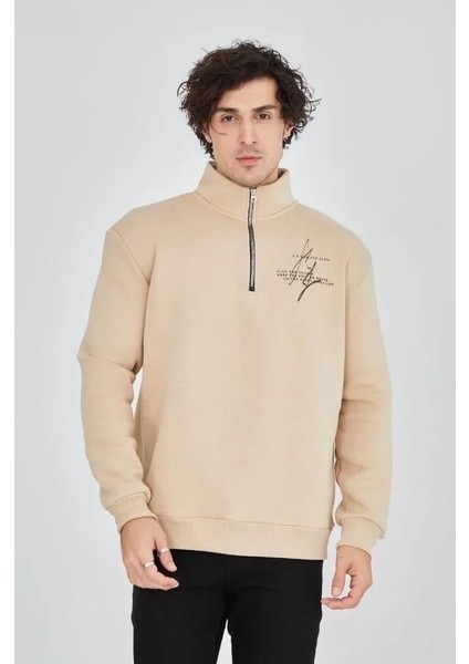 Erkek Yarım Fermuarlı Baskılı Sweat - Bej