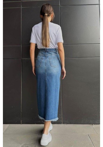 Mavi Yırtmaçlı Kot Etek modelleri