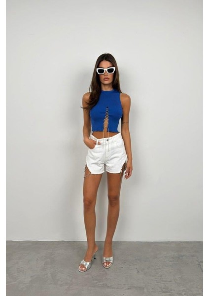 Taş Detay Dekolteli Crop Bluz