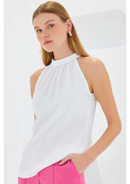 0489 Halter Yaka Örme Bluz - Beyaz