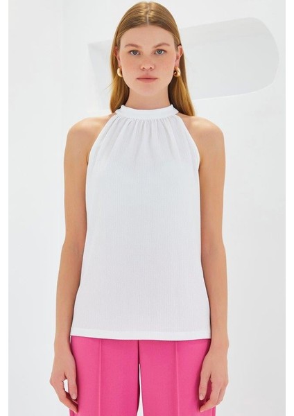 0489 Halter Yaka Örme Bluz - Beyaz