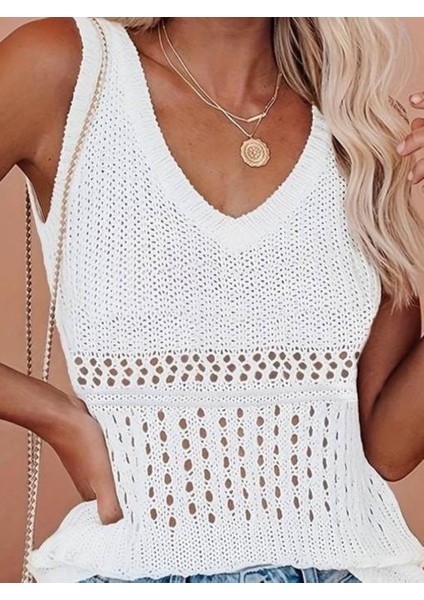 Kadın Kolsuz V Yaka Delikli Örme Detay Triko Bluz modelleri