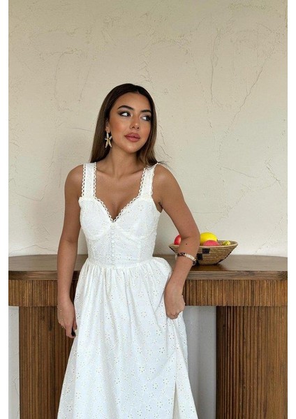 Ekru Dantel Detaylı Askılı Elbise