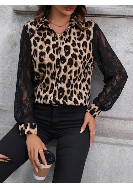 Kadın Leopar Desenli Kolları Tül Detaylı Krep Bluz modelleri