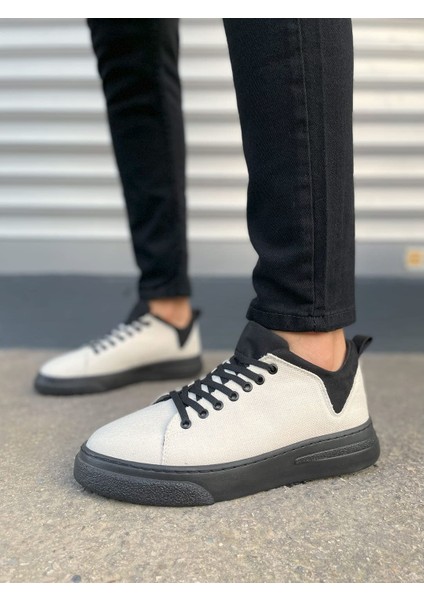 JY204 Flex Bağcıklı Keten Kumaş Erkek Günlük Sneaker Ayakkabı Kst - Beyaz/siyah fiyatları