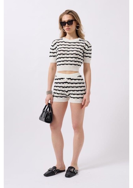 Örgü Detay Çizgili Crop Bluz modelleri
