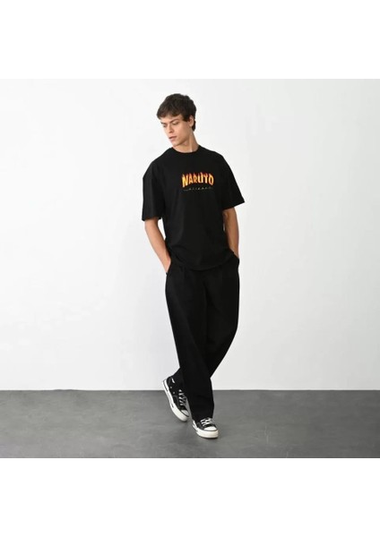 Unisex Bisiklet Yaka Baskılı Oversize T-Shirt - Siyah fırsatları