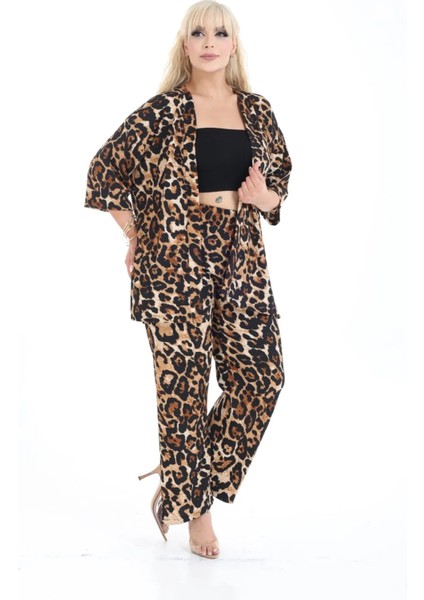Leopar Kimono Hırkalı 2li Alt Üst Takım Bürümcük Kumaş Yazlık 2xl-6xl Oversize