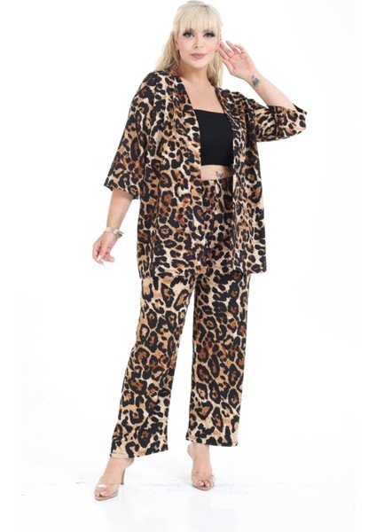 Leopar Kimono Hırkalı 2li Alt Üst Takım Bürümcük Kumaş Yazlık 2xl-6xl Oversize modelleri