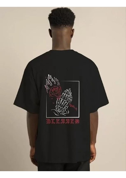 Unisex Bisiklet Yaka Oversize Baskılı T-Shirt - Siyah modelleri