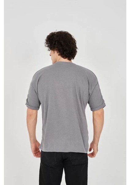 Unisex Jakar Kumaş Rahat Kol T-Shirt - Gri indirimleri