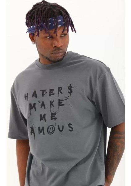 Unisex Oversize Baskılı Bisiklet Yaka T-Shirt - Füme fırsatları