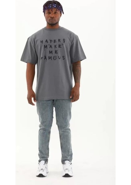 Unisex Oversize Baskılı Bisiklet Yaka T-Shirt - Füme indirimleri
