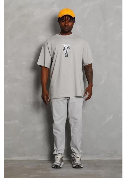 Unisex Oversize Baskılı Bisiklet Yaka T-Shirt - Gri indirimleri