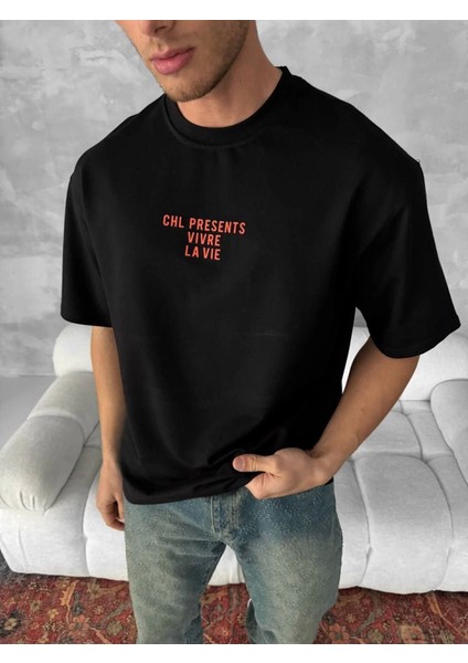 Ön ve Arka Baskılı Oversize Bisiklet Yaka T-Shirt- Siyah fiyatları
