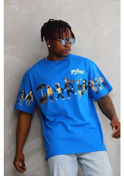 Unisex Bisiklet Yaka Baskılı Oversize T-Shirt - Mavi fiyatları