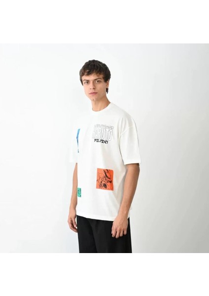 Unisex Bisiklet Yaka Baskılı Oversize T-Shirt - Beyaz indirimleri