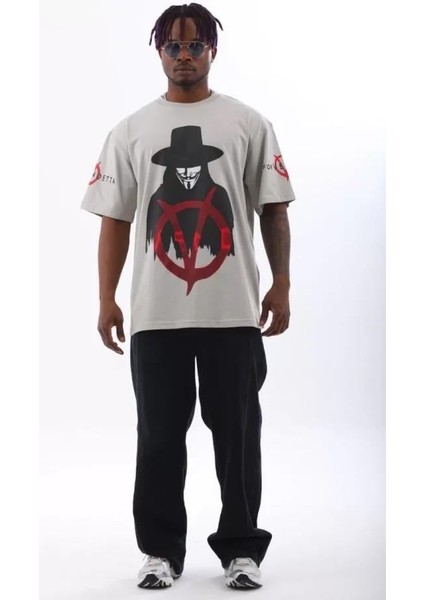 Unisex Oversize Baskılı Bisiklet Yaka T-Shirt - Gri