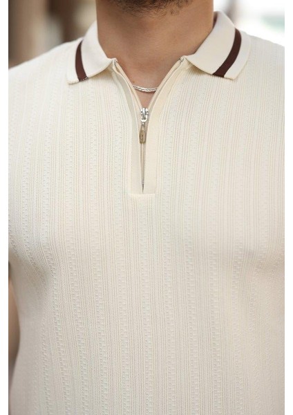 Erkek Yaka ve Kolları Çizgi Detaylı Fermuarlı Kısa Kollu T-Shirt modelleri