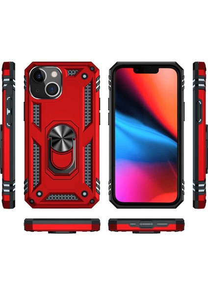 Apple iPhone 13 Kılıf Çift Katmanlı Polikarbon Koruma ve Manyetik Tutucu Stand Yüzük