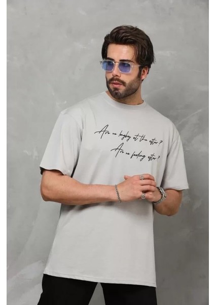 Unisex Bisiklet Yaka Baskılı Oversize T-Shirt - Gri fırsatları