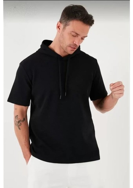 Unisex Kapşonlu Kısa Kol Düz Oversize T-Shirt - Siyah fırsatları