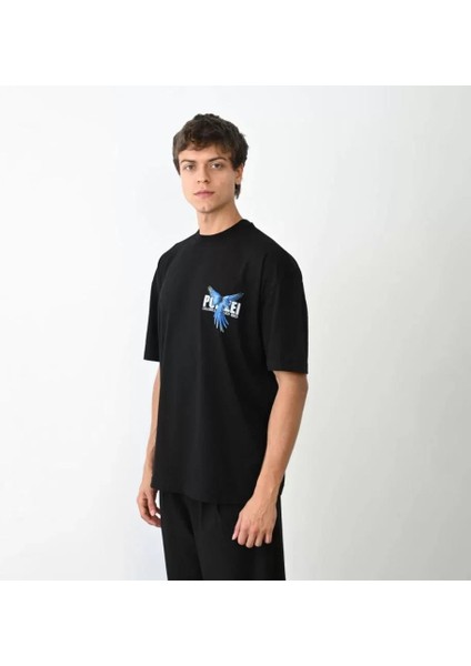 Unisex Bisiklet Yaka Baskılı Oversize T-Shirt - Siyah modelleri