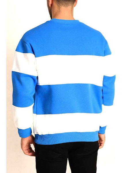 Parçalı Bisiklet Yaka Baskılı Sweatshirt - Mavi modelleri
