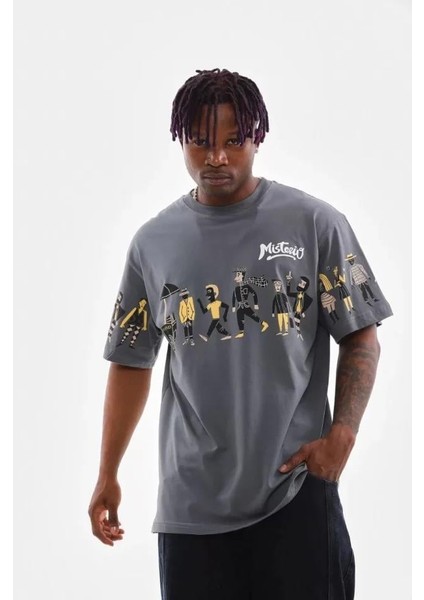 Unisex Bisiklet Yaka Baskılı Oversize T-Shirt - Gri fiyatları
