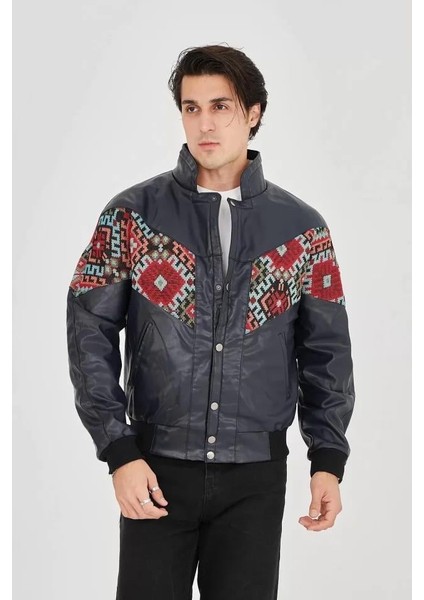 Erkek Içi Astarlı Içten Yaka Kısmı Peluşlu Suni Kumaş Vintage Ceket - Lacivert modelleri