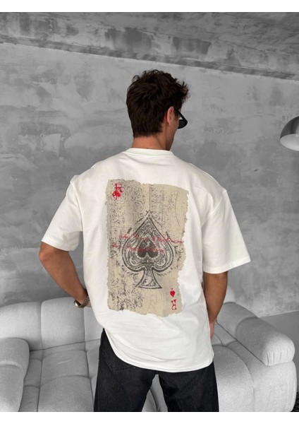 Erkek Ön ve Arka Baskılı Oversize Bisiklet Yaka T-Shirt - Beyaz modelleri