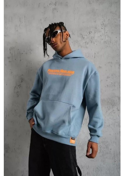 Erkek Armalı Baskılı Kapüşonlu Sweatshirt - Mavi fırsatları