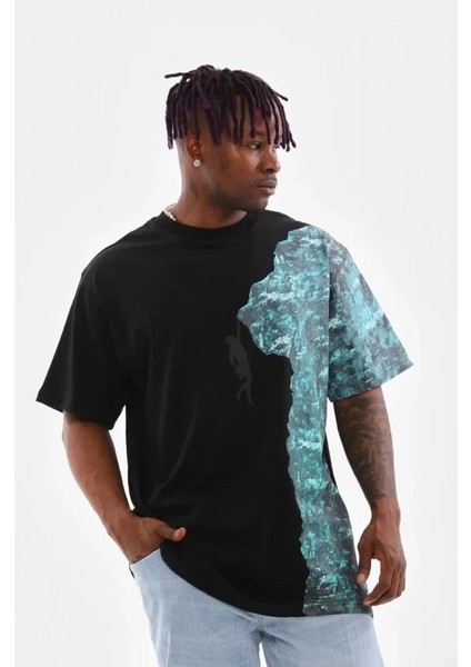 Unisex Bisiklet Yaka Baskılı Oversize T-Shirt - Siyah fiyatları