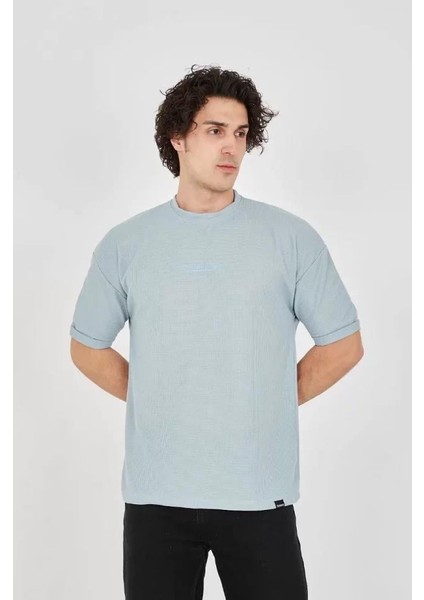 Unisex Waffle Kumaş Rahat Kol T-Shirt - Buz Mavisi fiyatları