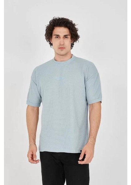 Unisex Waffle Kumaş Rahat Kol T-Shirt - Buz Mavisi indirimleri