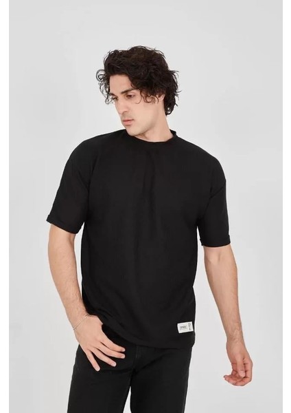 Unisex Waffle Kumaş Rahat Kol T-Shirt - Siyah fiyatları