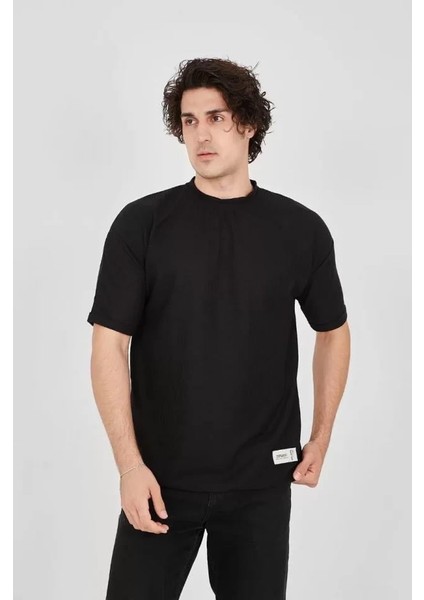 Unisex Waffle Kumaş Rahat Kol T-Shirt - Siyah modelleri