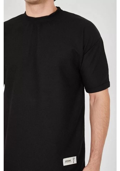 Unisex Waffle Kumaş Rahat Kol T-Shirt - Siyah indirimleri