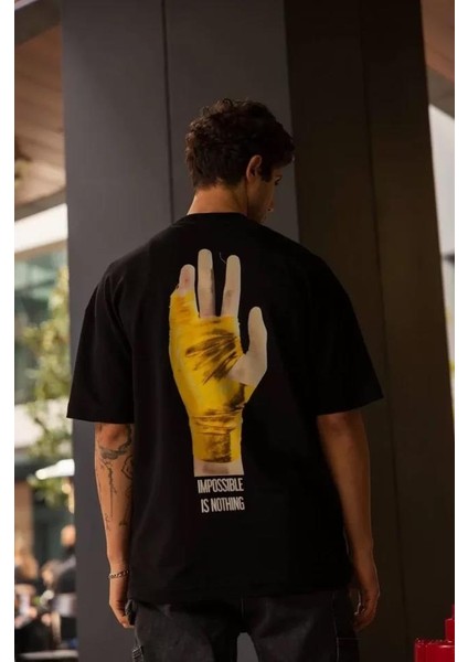 Unisex Bisiklet Yaka Baskılı Oversize T-Shirt - Siyah modelleri