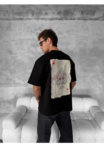 Ön ve Arka Baskılı Oversize Bisiklet Yaka T-Shirt - Siyah modelleri