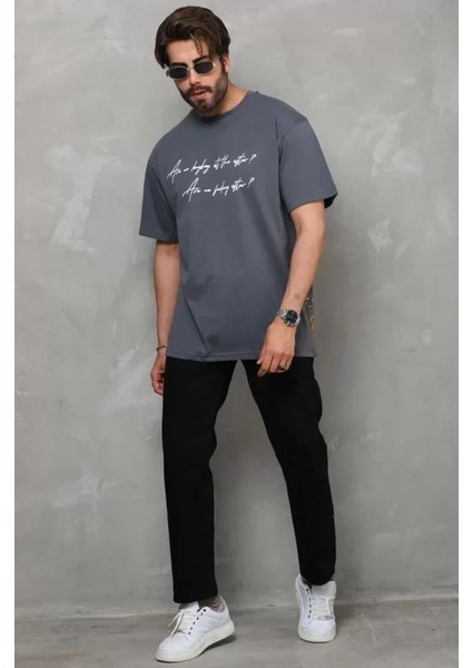 Unisex Bisiklet Yaka Baskılı Oversize T-Shirt - Füme fiyatları