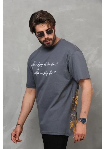 Unisex Bisiklet Yaka Baskılı Oversize T-Shirt - Füme indirimleri