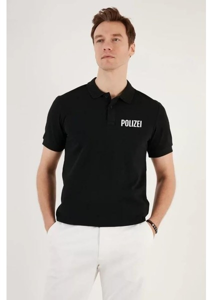 Yakası Düğmeli Yakalı Pike Baskılı T-Shirt - Siyah modelleri