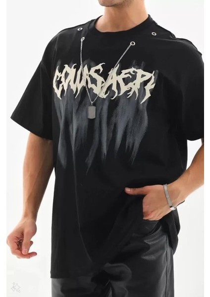 Unisex Oversize Kolye Dahil T-Shirt - Siyah modelleri