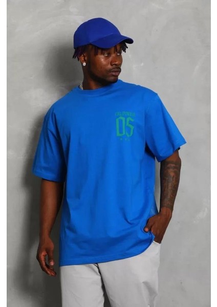 Unisex Oversize Baskılı Bisiklet Yaka T-Shirt - Mavi modelleri