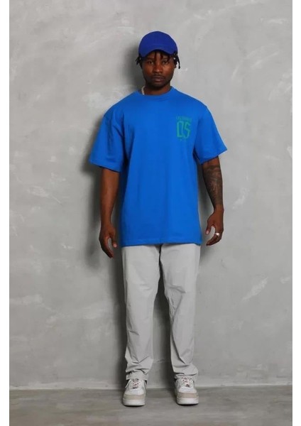 Unisex Oversize Baskılı Bisiklet Yaka T-Shirt - Mavi indirimleri